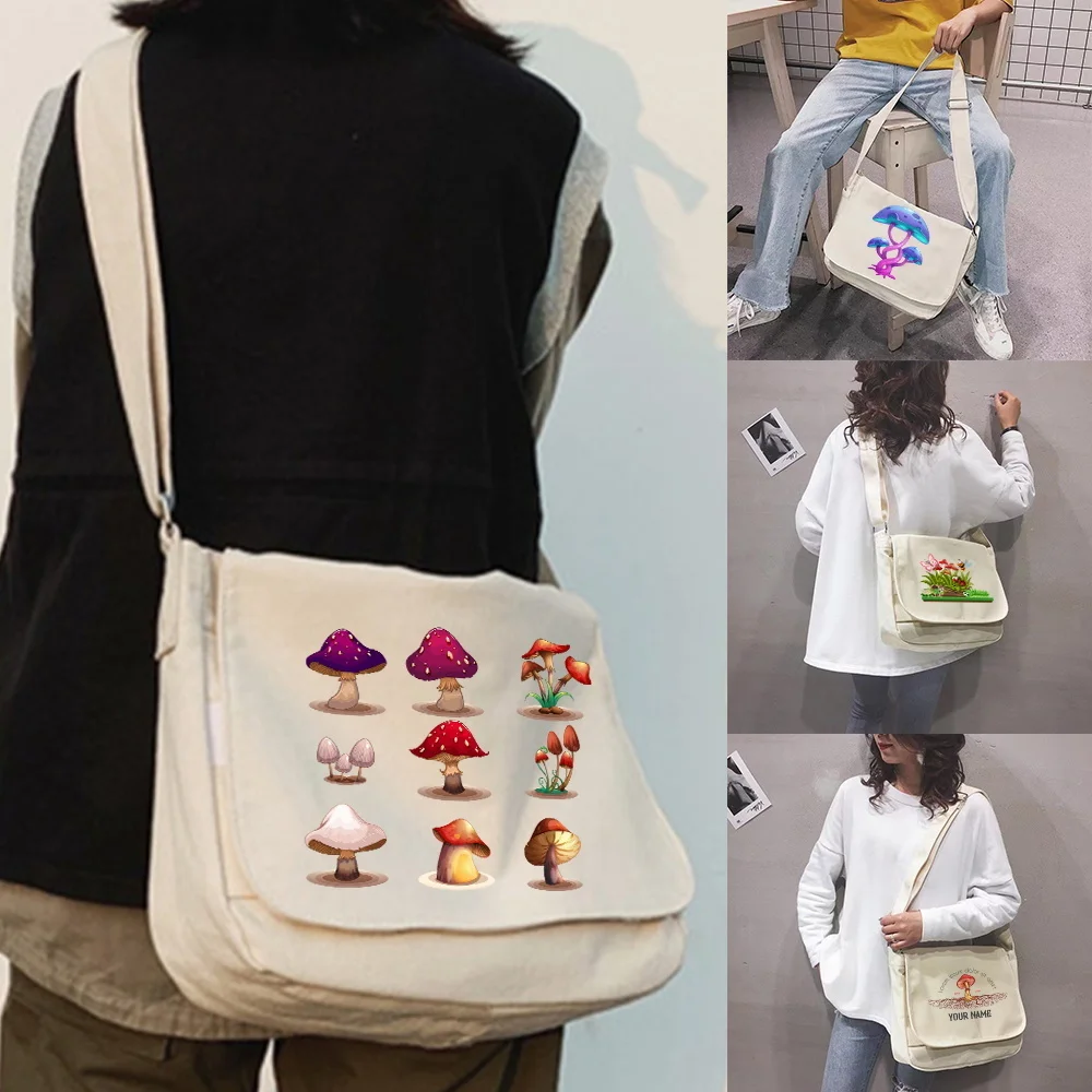 

Вместительные холщовые сумки через плечо для женщин, японская Диагональная Сумка в стиле Харадзюку, студенческий кошелек кросс-боди с принтом в виде грибов