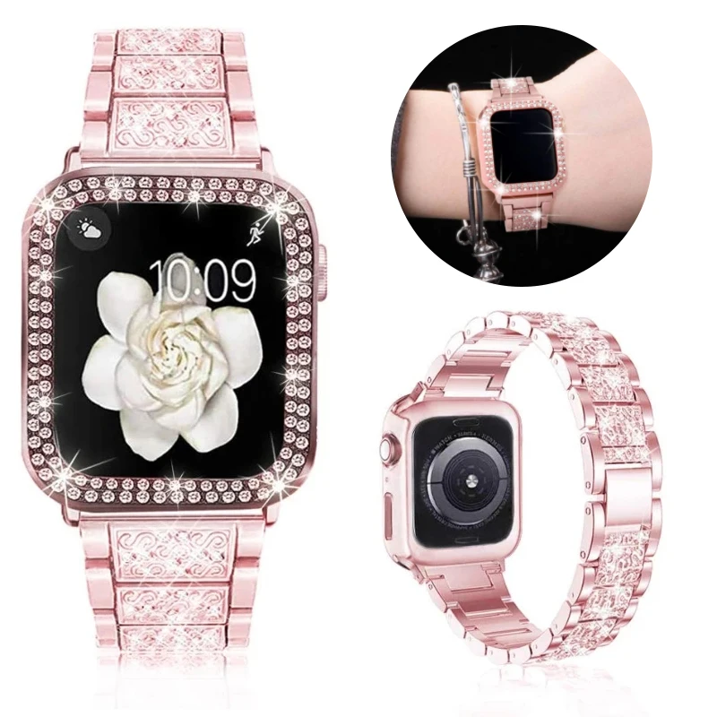 

For Apple Watch Bands 42mm 38mm 44mm 40mm Women Glitter Metal Strap+Bling Diamond Protective Case For iWatch Series 7 6 5 4 3 SE