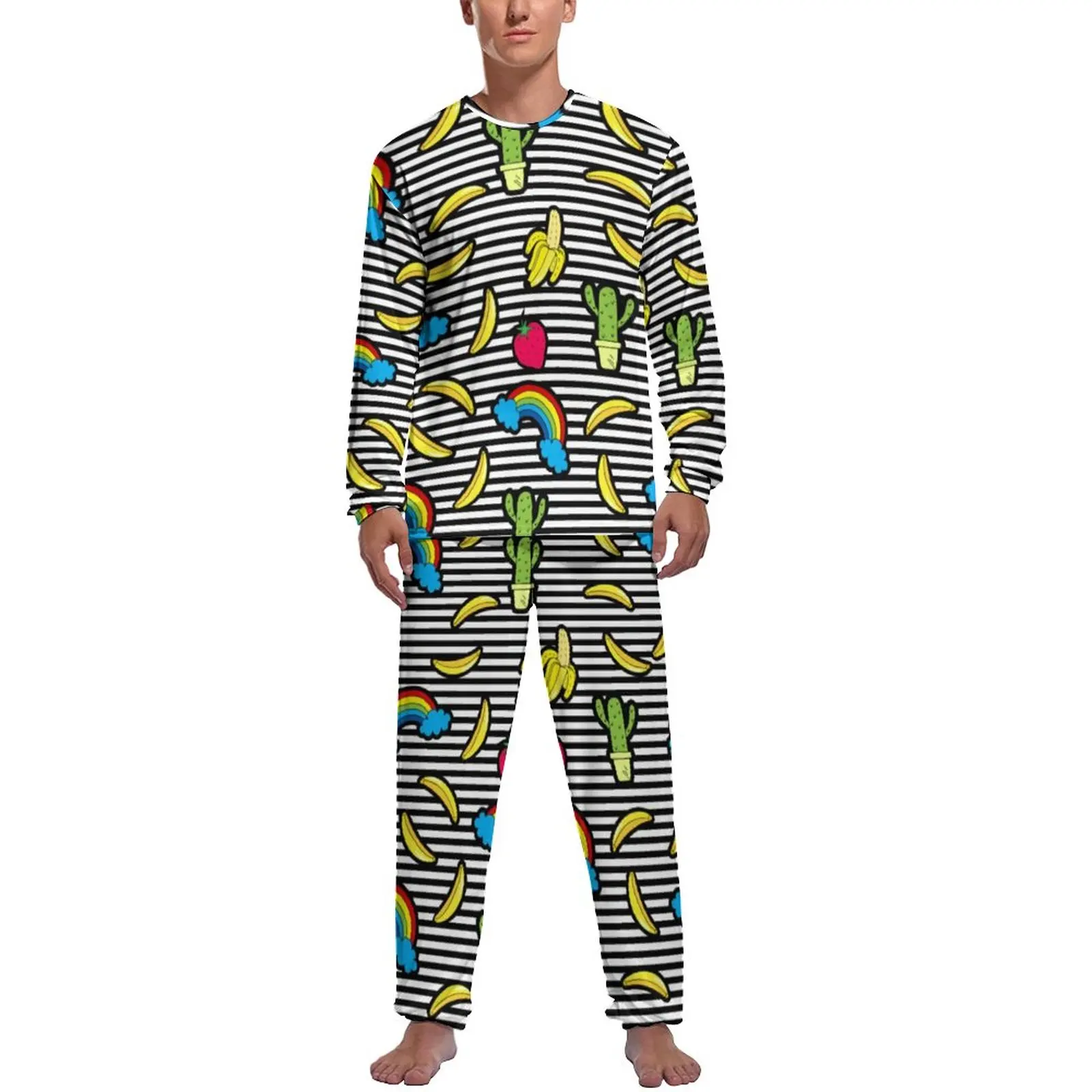 Cactus Rainbow Fruit Pajamas Long Sleeve Black White Stripes Two Piece Home Pajamas Set Winter Male Graphic Soft Home Suit