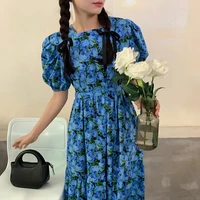 summer french holiday square collar bubble sleeve women dresses blue print ladies dresses
