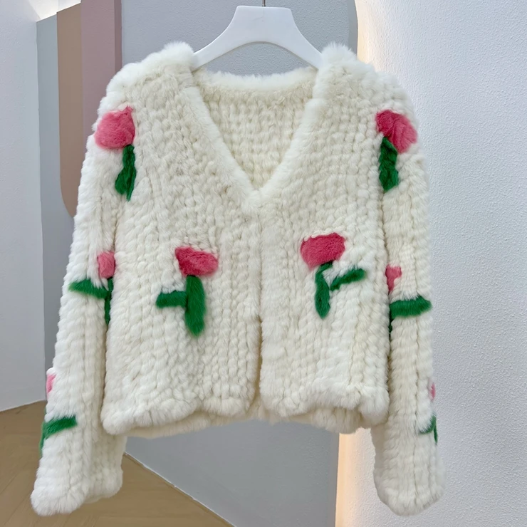 Women Real Fur Coat 100% Natural Rex Rabbit Fur Jacket Short Outerwear Loose Floral Knitted Fashion Slim Fur Early Winter