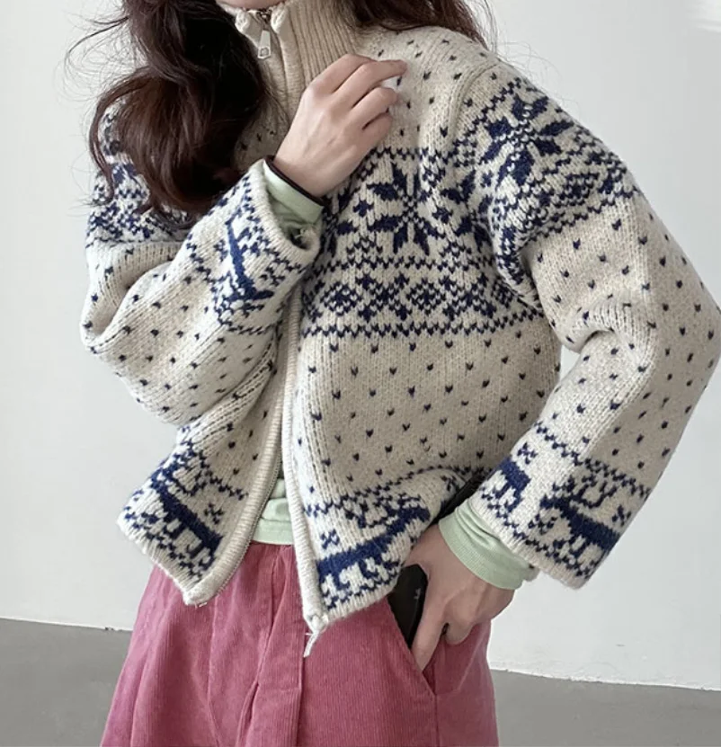 

Cropped Cardigan Jacket Women's Clothing Thicked Print Zipper Sueter Pull Femme Vintage Chic Knitted Sweater Tops 202 Ropa Mujer