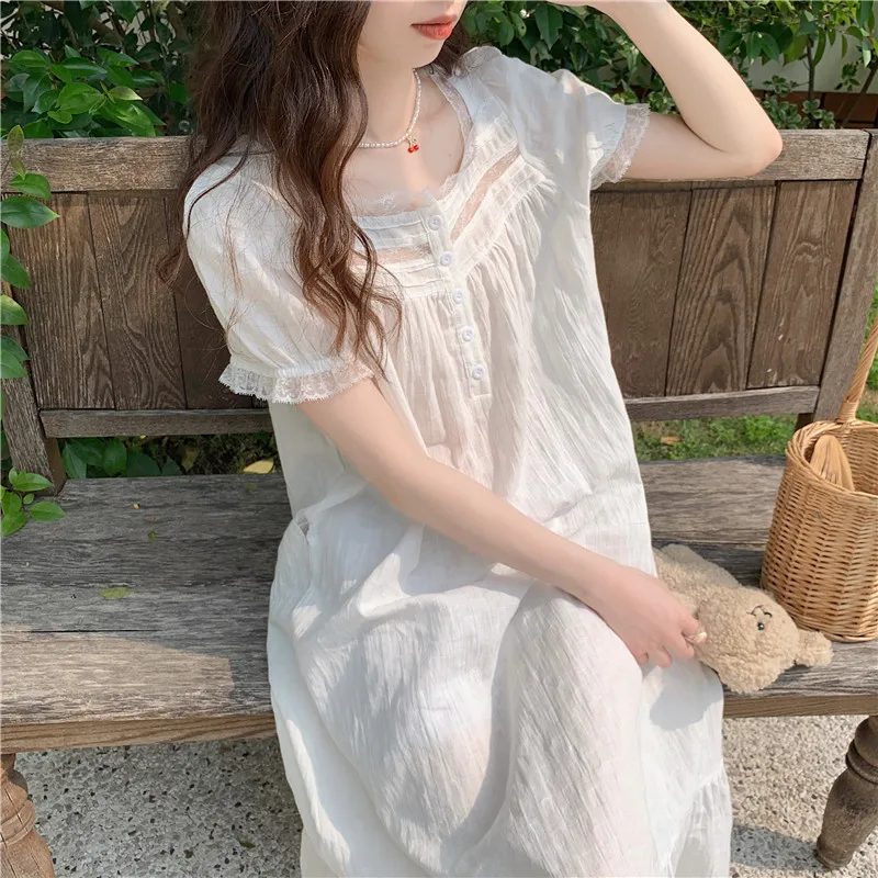 French Style Women White Sleep Dress Home Clothes Short Sleeve Lace Patchwork Loose Cute Soft Nightgown Women Princess D383