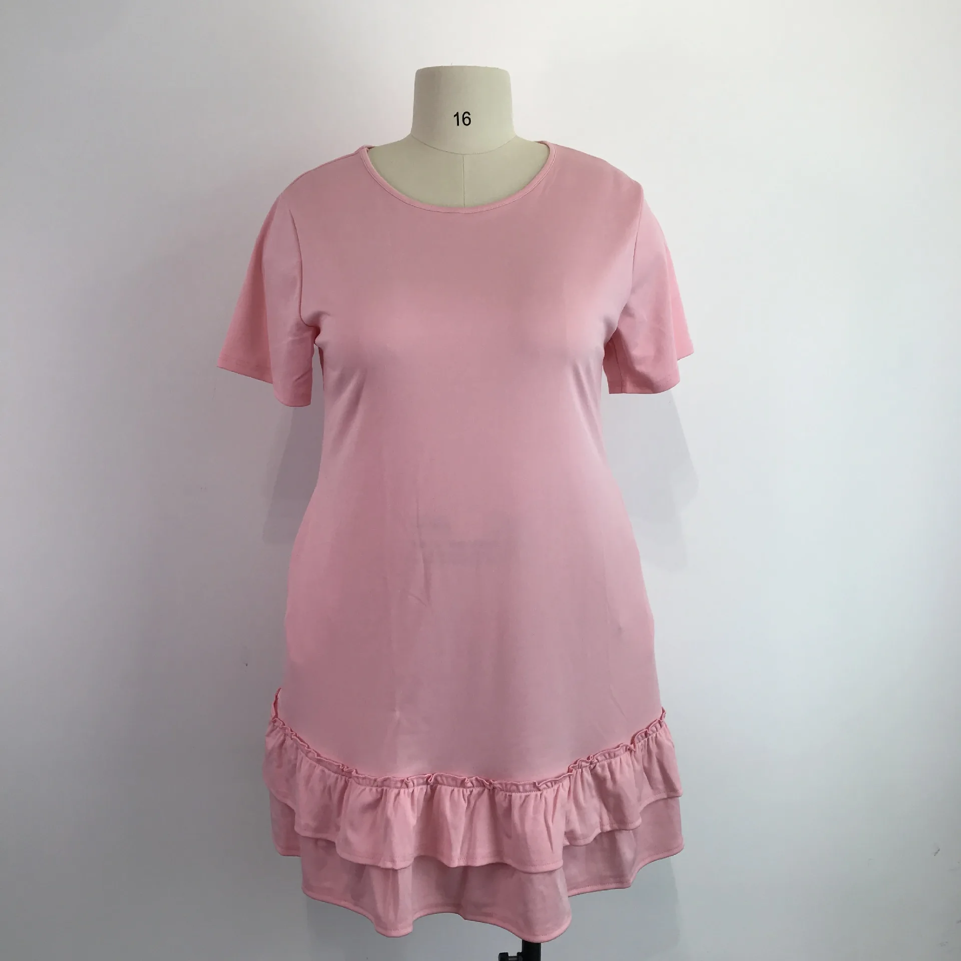 Round Neck Plus Size Dress Ruffle Short Sleeve Temperament Commuting Pleated Solid Color Leisure Club Women's Clothing Wholesale