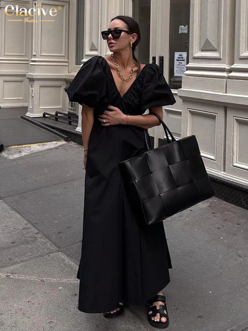 

Clacive Summer Loose Black Women Dress Sexy Deep V-Neck Short Sleeve Ankle-Length Dresses Elegant Classic Backless Female Dress