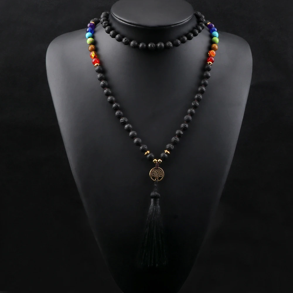 Фото Новый многослойный браслет с бусинами из лавы 8 мм чакра для мужчин и женщин, ожерелье с подвеской-кисточкой для медитации, молитвенные энергичные браслеты и браслеты, ювелирные изделия №5