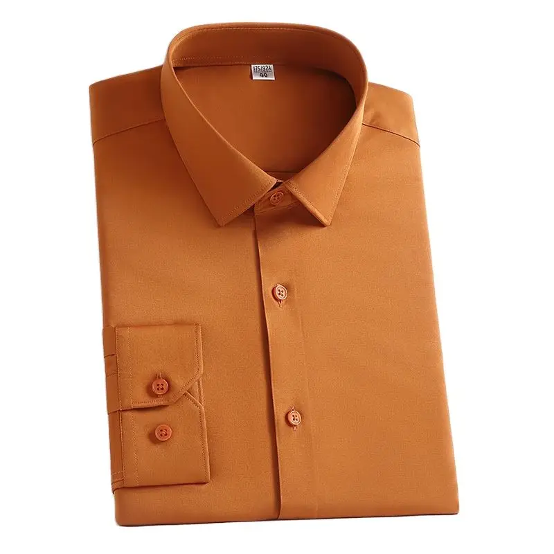 

2023 Brand New Orange Silk Satin Shirts Long Sleeve Luxury Smooth Shiny Shirt Party Dance Prom Easy Iron Dress Shirts Camisa 5XL