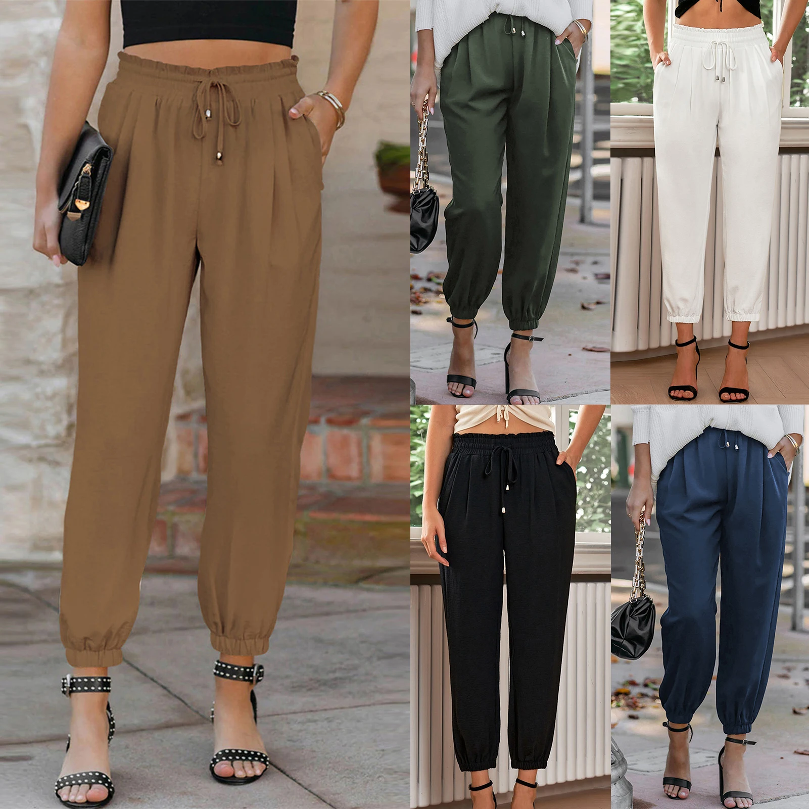 

Women High Waist Pants Solid Color Drawstring Long Pants with Pocket Cotton Linen Korean Y2k Streetwear Lace Up Pants