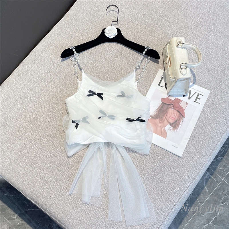 

2022 Summer Sweet Bow Sexy Mesh Camisole for Women New Socialite Rhinestone Pearl Chain Fashionable Crop Top Lady Vacation