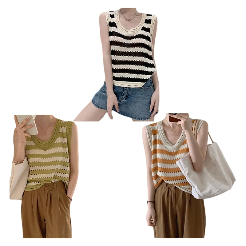 

Женский ажурный вязаный свитер, жилет без рукавов с круглым вырезом, вязаный крючком полосатый Свободный Топ