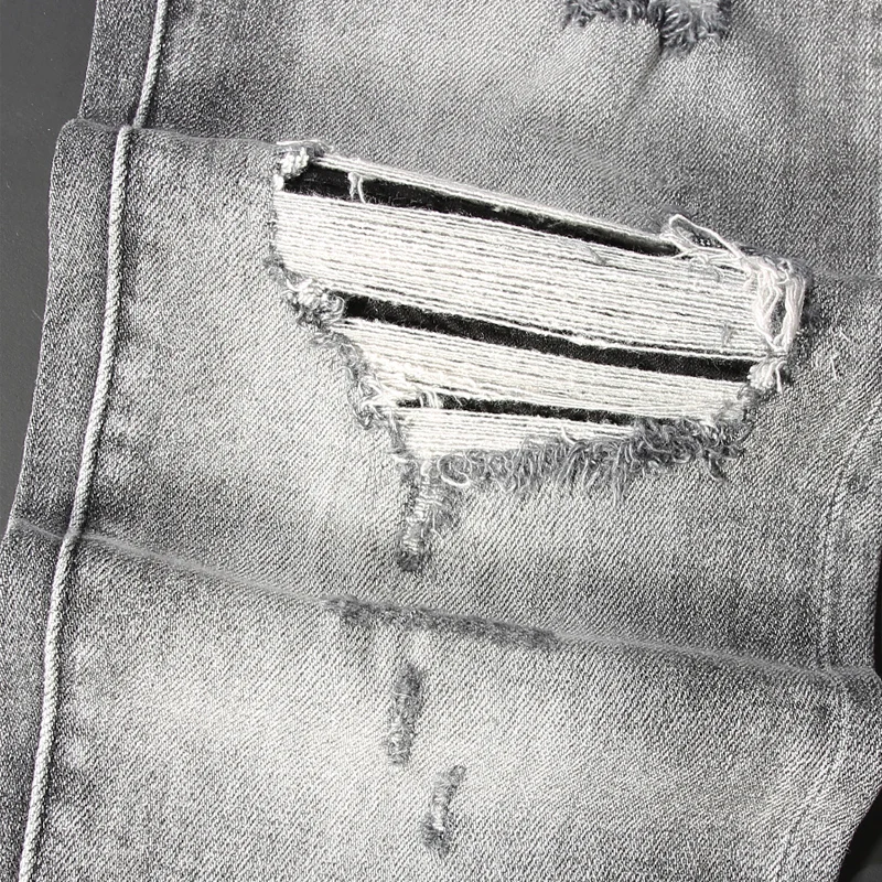 Street Fashion Men Jeans Retro Gray Elastic Stretch Skinny Ripped Jeans Men Leather Patched Designer Hip Hop Brand Pants Hombre