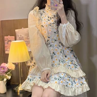 lolita kawaii dress female floral patchwork retro party mini dress female printing korean fashion y2k vintage long sleeve dress