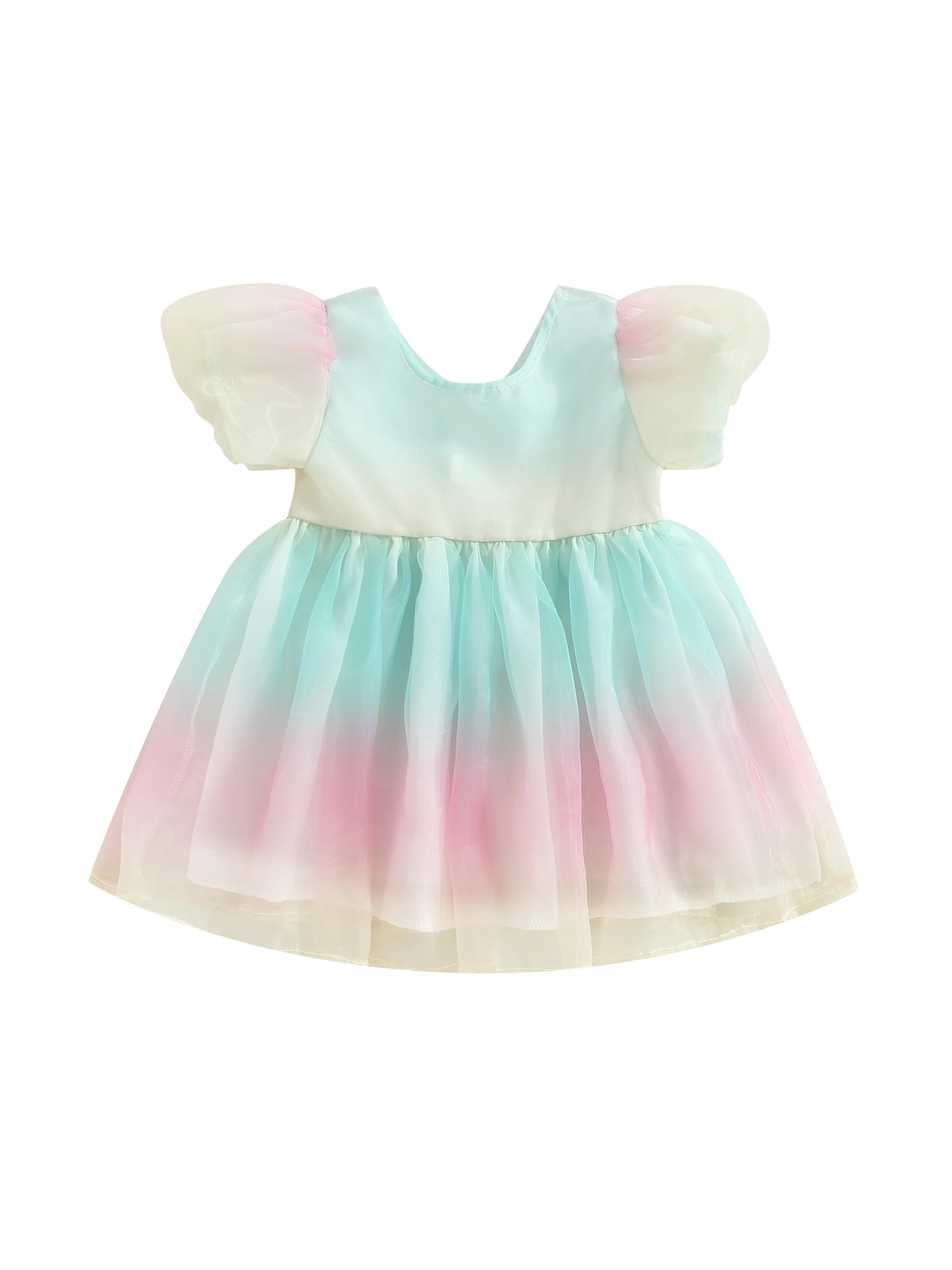 

Детское платье с круглым вырезом и коротким рукавом, Радужное градиентное лоскутное платье с бантом на спине, многослойная фатиновая юбка-п...