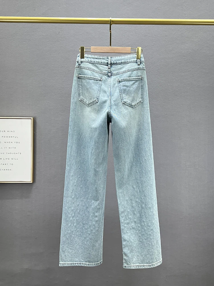 Женские джинсы с высокой талией DEAT прямые брюки из голубого денима широкими