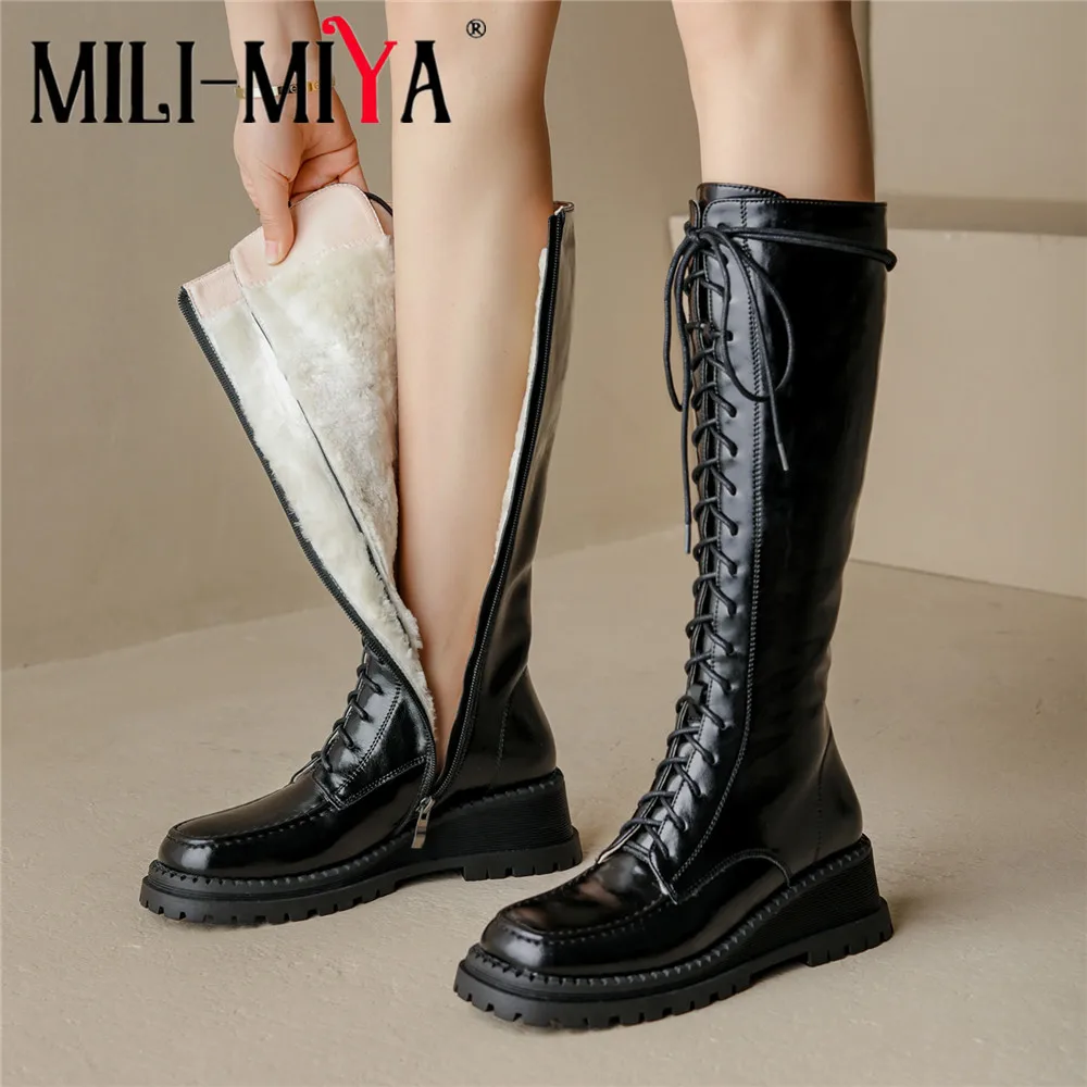 

Женские однотонные сапоги до колена, из коровьей кожи, на танкетке, размеры 34-42