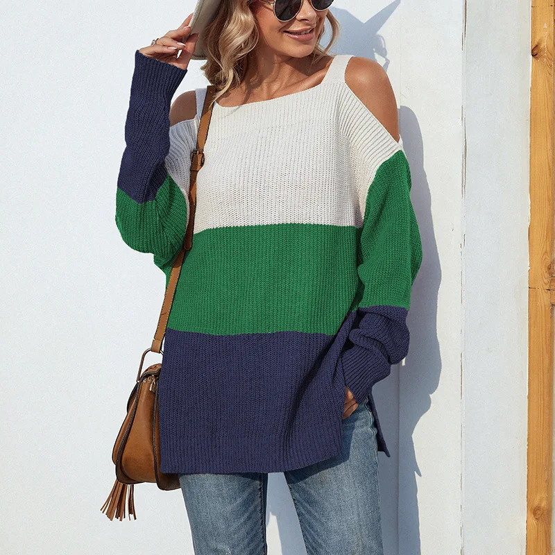 Autumn Winter New Knitwear Contrast Color Shoulder Slip Open Sexy Suspenders Sweater Women Knitted Sweater Top