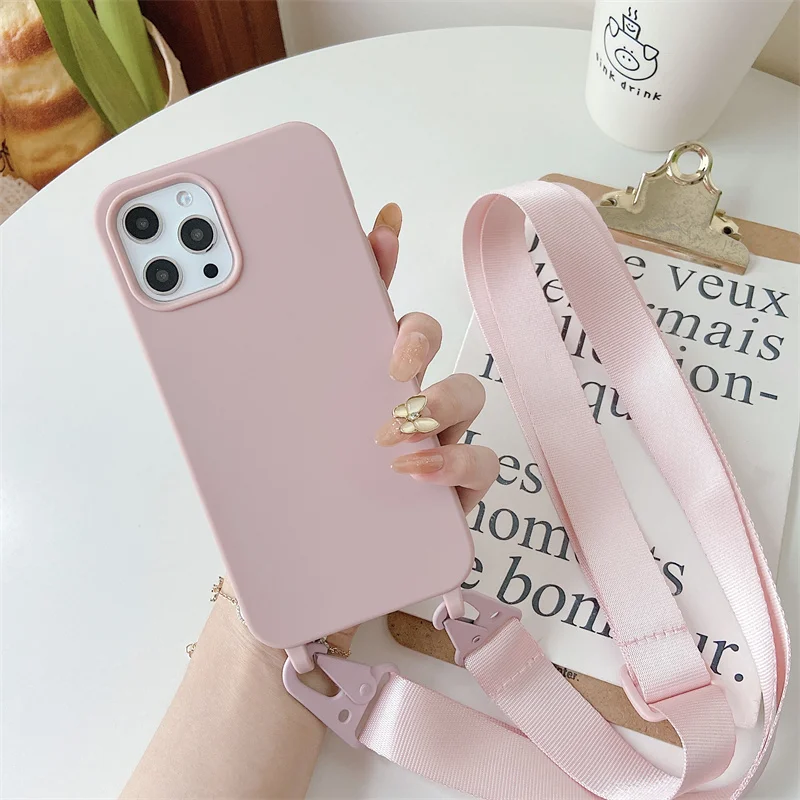 Luxury Crossbody Lanyard Strap Phone Case For iPhone 14 12 13 Mini 11 Pro Max Plus Candy Color Silicone Soft TPU Back Cover