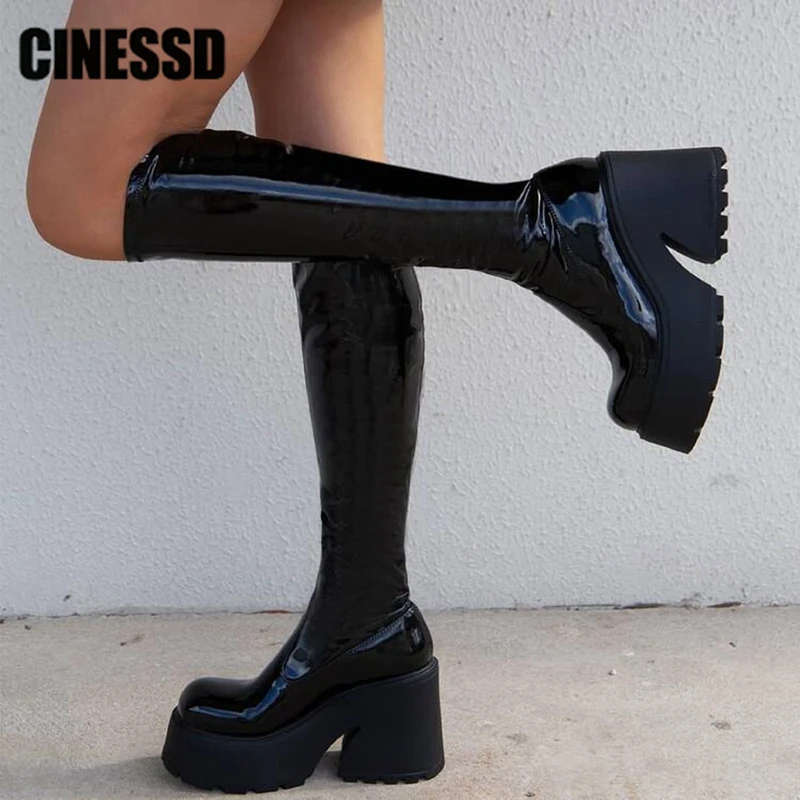 Женские мотоциклетные сапоги до колена черные на платформе и толстом каблуке