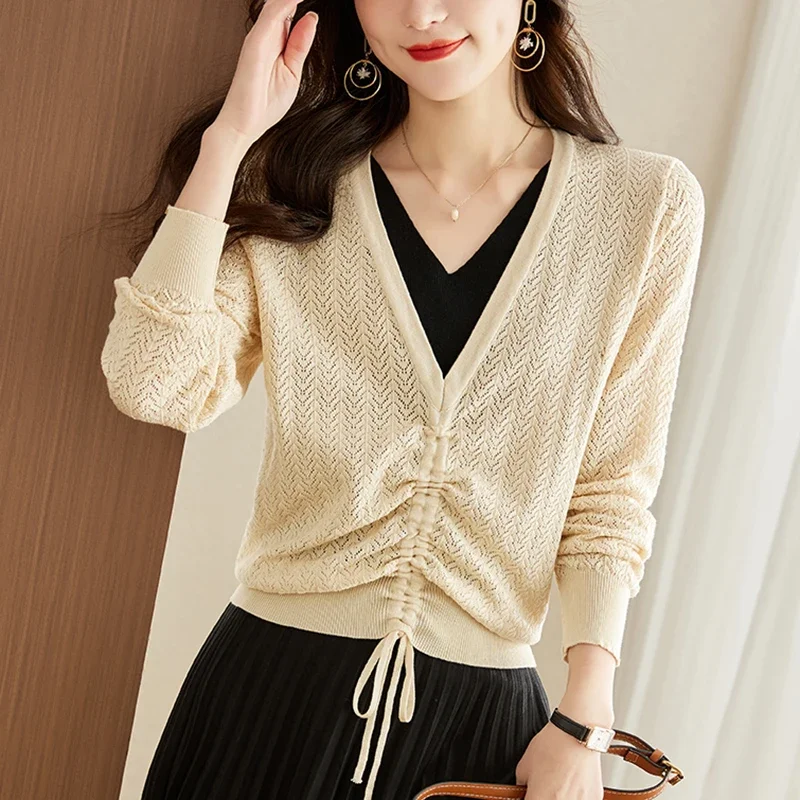 Тонкие трикотажные топы с длинным рукавом женские весенние свитера