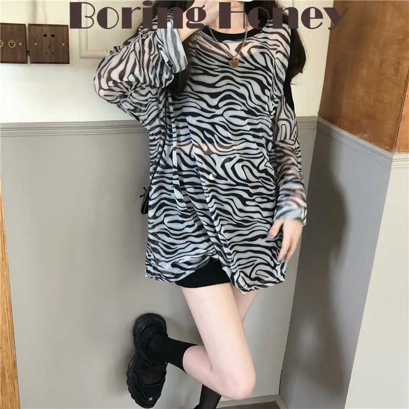 

Boring Honey Fashion Women Blouses Retro Chic Blouses And Shirt Zebra Pattern Loose And Comfortable Long Sleeves T-Shirt Tops