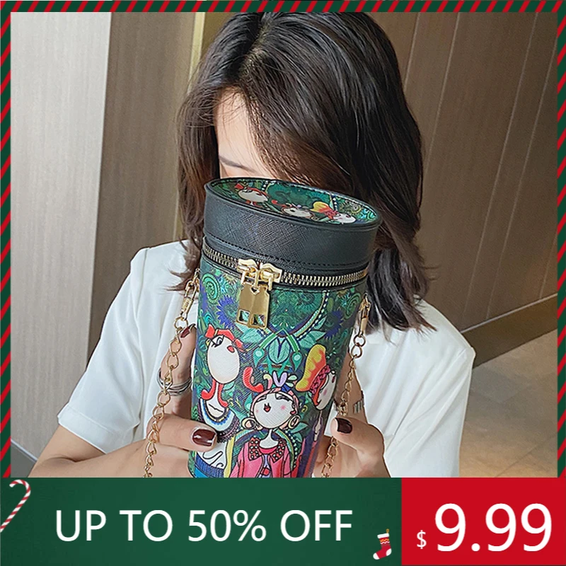 

AIOSC Cartoon Cute Anime Cylinder Shaped Bag Shoulder Bags For Women PU Chain Crossbody Bags Ladies Bucket Handbags and Purses