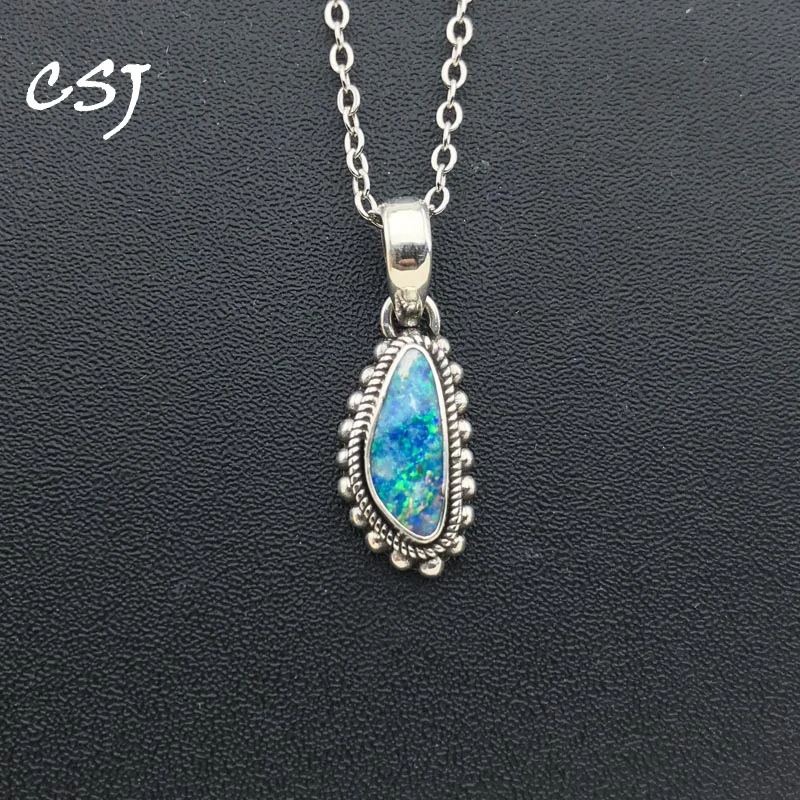 

CSJ Trendy Natural Opal Pendant 925 Sterling Silver Origin Australia Hand Made Jewelry Necklace for Women Party Gift