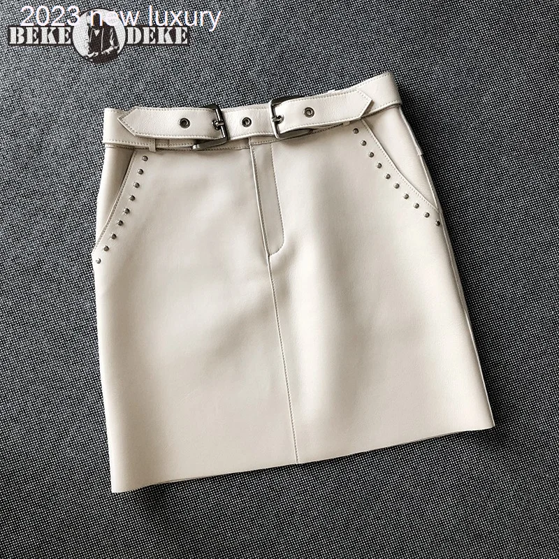 

Slim Sexy A-Line Fit Wrap Skirt Women Sashes Rivet Pocket Sheepskin Genuine Leather Mini Skirt Street Punk White Black Skirts