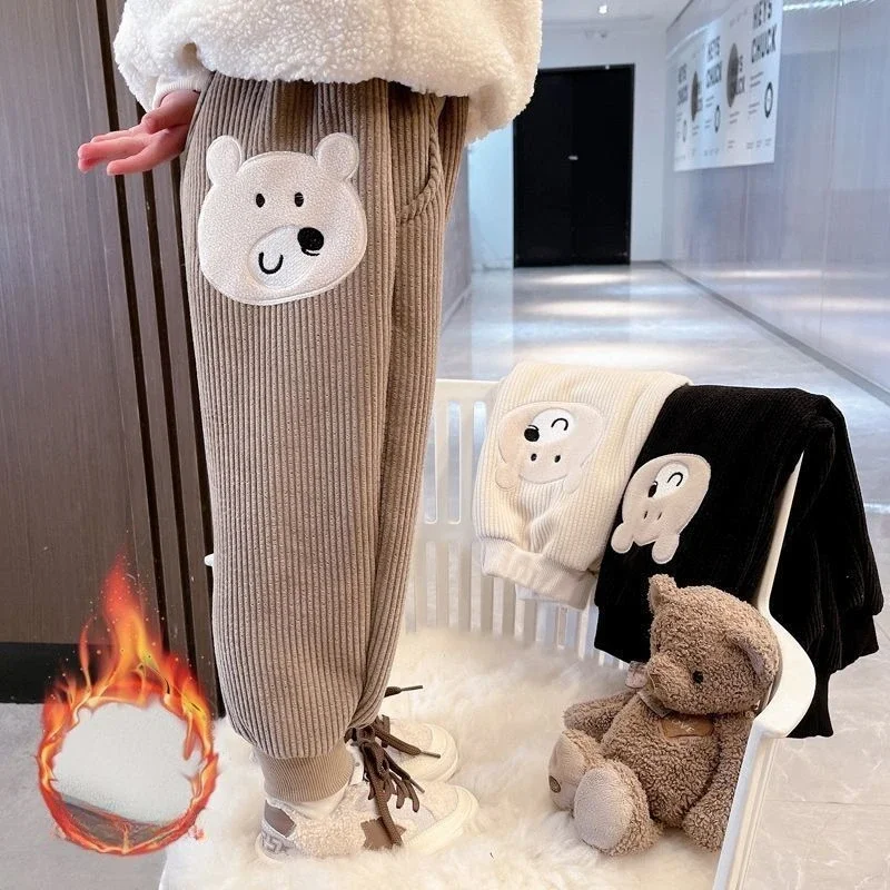 

New Kids Pants Winter Baby Sweatpants Thicken Corduroy Boys Casual Pants Children Cartoon Bear Trousers Girls Warm Sport Pants