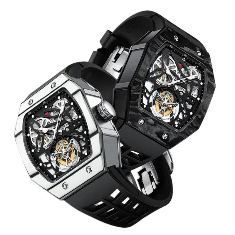 

Square Tourbillon Men's Watch High Quality Skeleton Carbon Fiber Bezel Mechanical Chronograph Famous Style