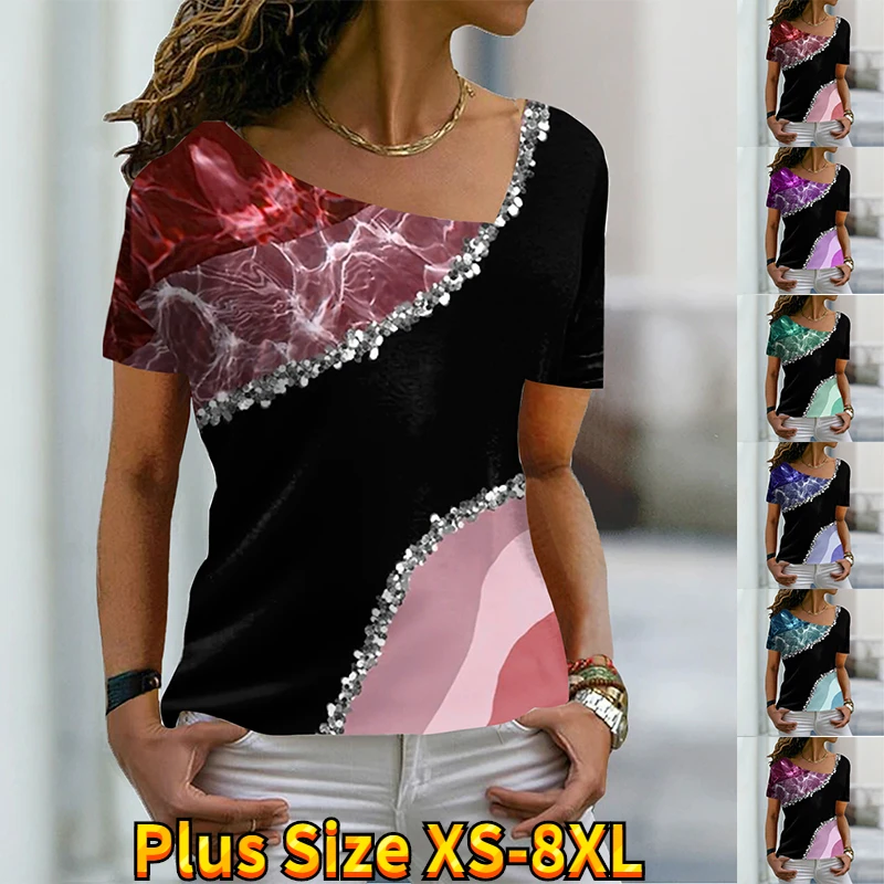

2022 Casual Women's Fashion New Bright Diamond Glitter Print Theme Short Sleeve T Shirt V Neck Basic Shirt Top Summer XS-8XL