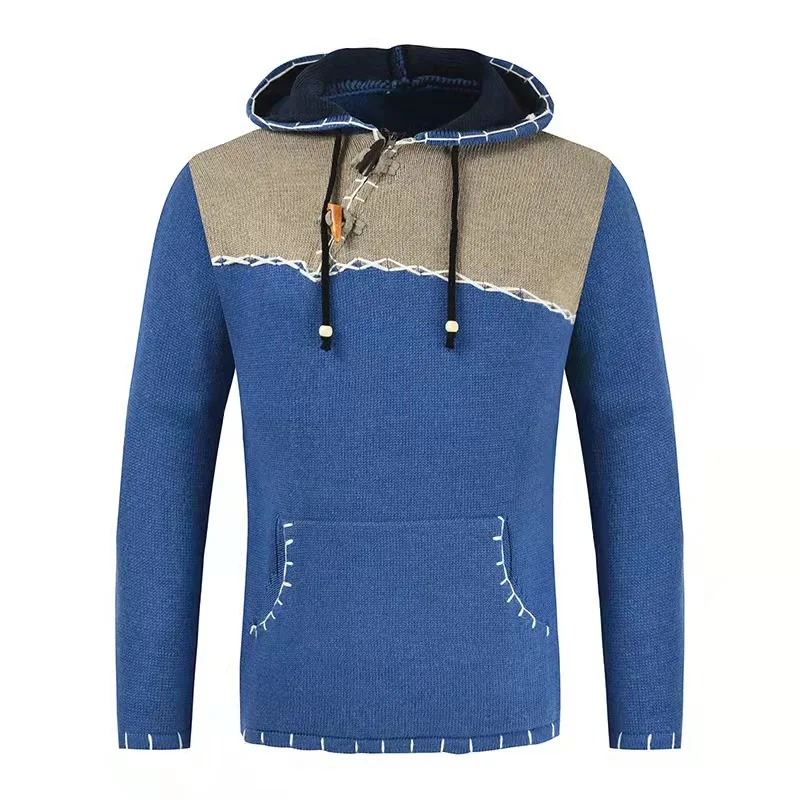 

Men Casual Hooded Sweatercoat Pull Retro Color Matching Men Autumn Winter Warm Knitted Men's Hoody Pullover