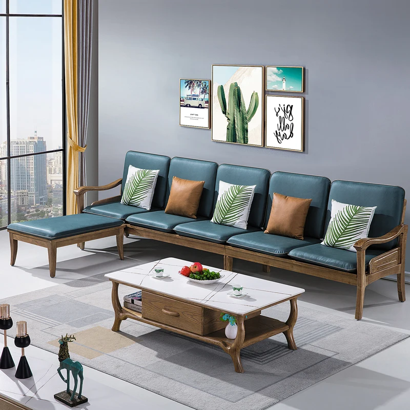

Nordic all-solid wood sofa ash wood living room combination Chinese small household corner three-person cloth art
