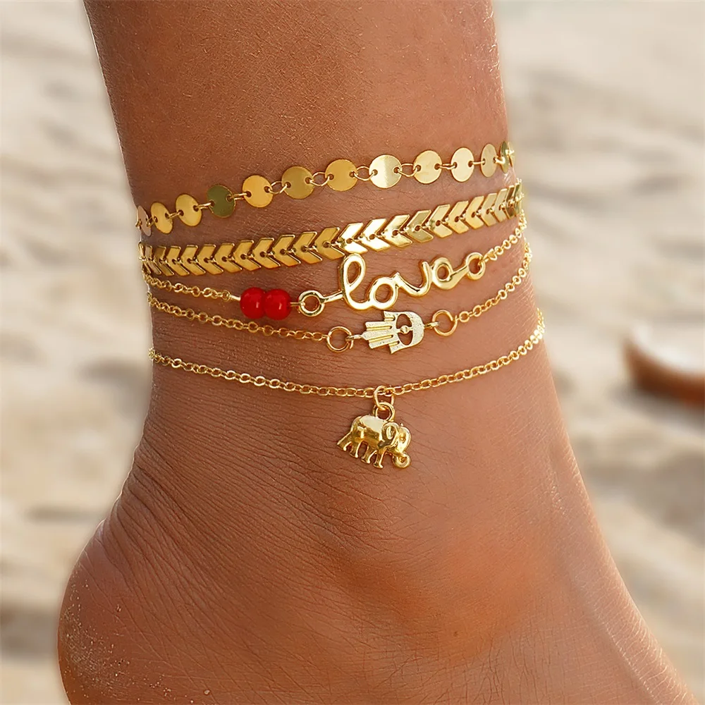 

EN Vintage Fashion Elephant Palm Pendant Anklets Boho Letter Love Ankle Bracelet Round Shape Sequins Foot Chain Women Jewelry
