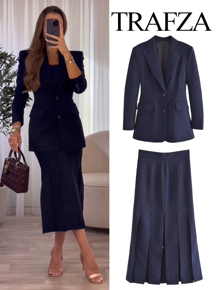 

Женский деловой костюм TRAFZA, темно-синий костюм с разрезом и юбкой, офисный Блейзер, Женская юбка на одной пуговице, комплект из двух предметов