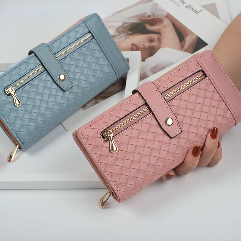 

Women Long Wallet Leather Braided Drawstring Wallets Ladies Clutch Bag Female Zipper Coin Purses Card Holder with Phone Pocket