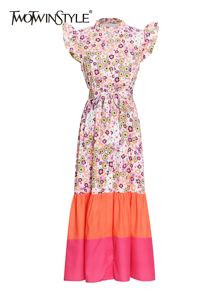 

Женское платье с рюшами TWOTWINSTYLE, разноцветное платье с воротником-стойкой и высокой талией, винтажное платье без рукавов
