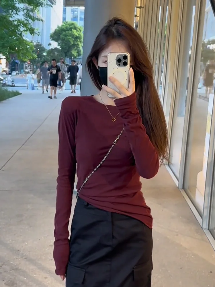 Корейская серия Wine Red Рубашка с длинными рукавами Женская весна и осень Slim fit Short