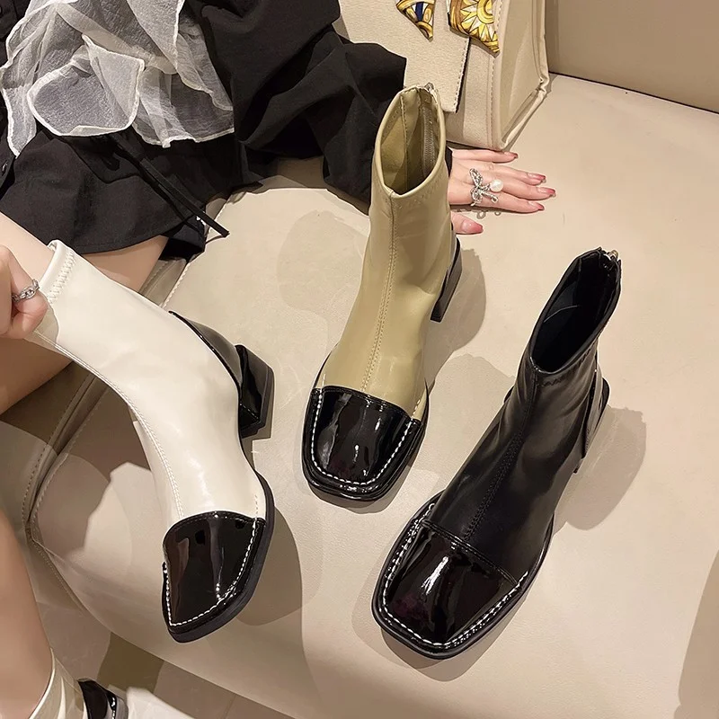Women's Colorblock Riding Boots Square Toe Japanese Leather Shoes Chelsea Boots Zipper Chunky Heel Mid Tube Calf Short Boots