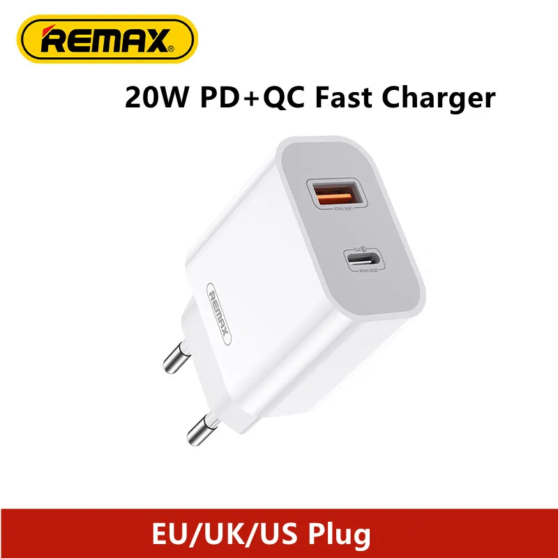 

Remax 20W PD+QC Fast Charger EU/UK/US Plug Optional 1A1C USB-A Type-C Dual Output High Power Fast Charging Adapter
