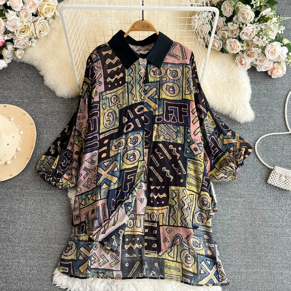 

SuperAen/весенне-осеннее повседневное винтажное свободное однобортное платье с длинными рукавами и отложным воротником из хлопка и льна с принтом