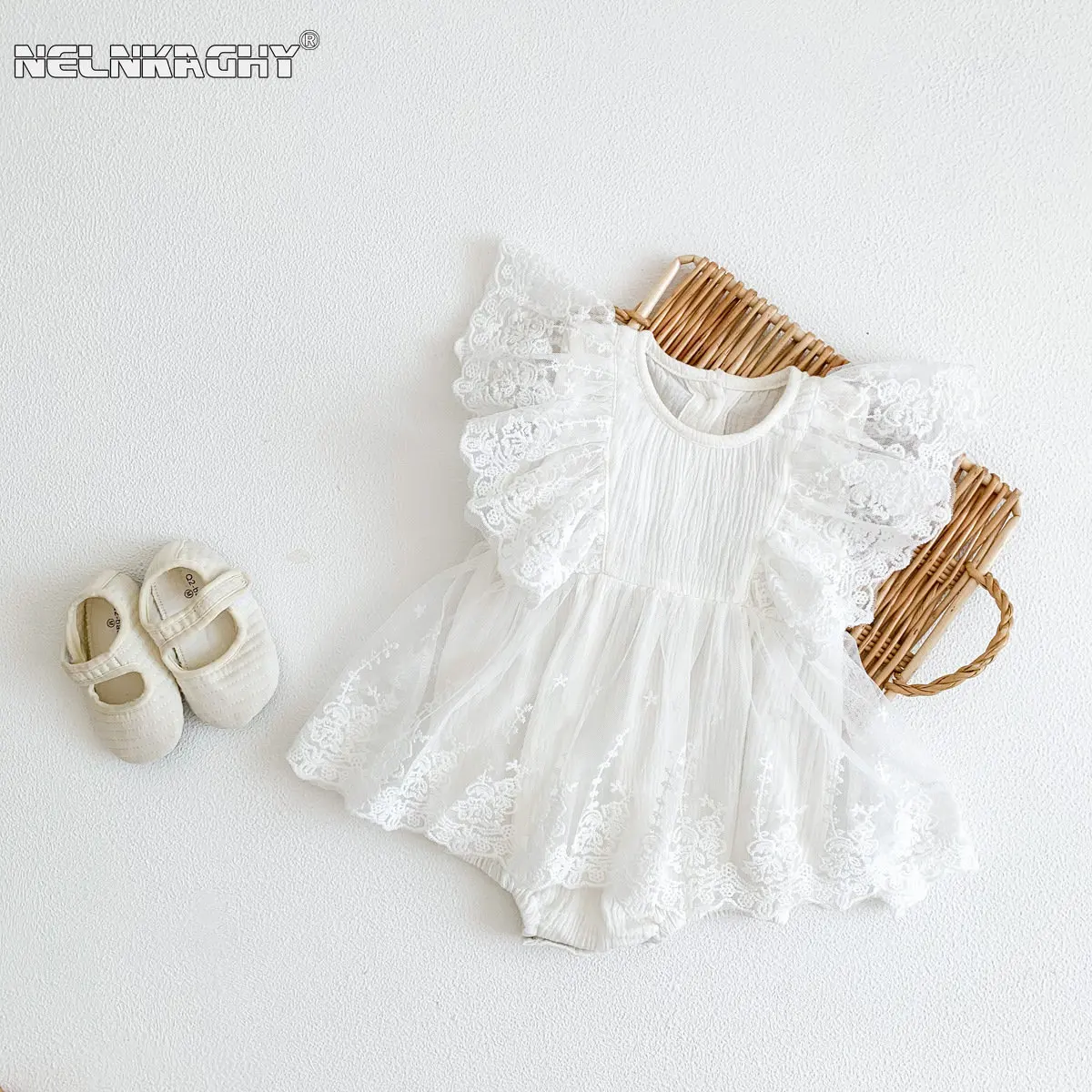Newborn Baby Girls Summer Short Sleeve Lace Embroidery Outfits Infant Kids Princess Cotton Jumpsuits Ruched Bodysuits