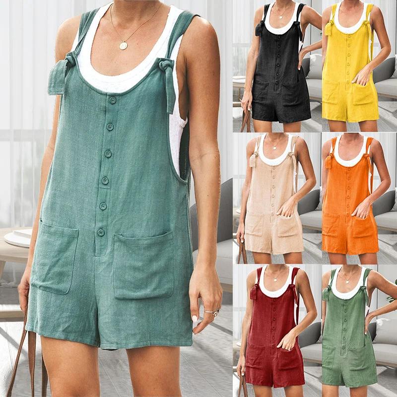 

Women's Sleeveless Solid Short Rompers 2022 Summer Casual Loose Button Pocket Jumpsuits Female Cute Suspenders Short Overalls