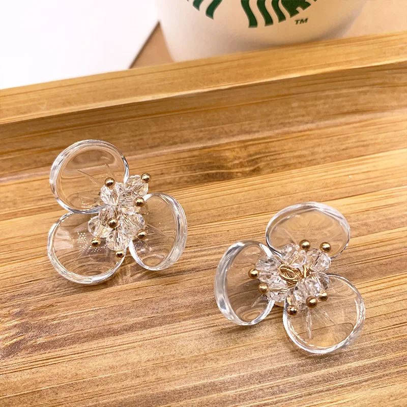 

Three-petal Flower Flower Glass Clear Crystal Pendant Earring Stud Hair Clip Net Red Petal Super Fairy Pearl Accessories
