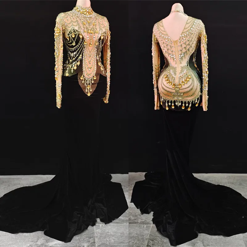 

Luxury Wedding Banquet Rhinestones Velvet Mermaid Long Dress Women Birthday Prom Evening Party Show Floor Length Trailing Dress