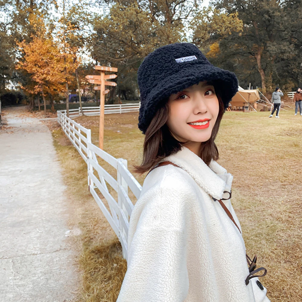 

Trendy Curly Plush Women Warm Hat Winter Solid Color Bucket Hat Wide Brim Hat Bucket Cap Cashmere Hat