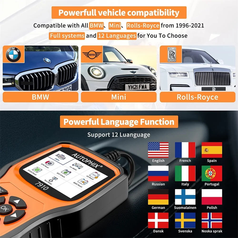 Диагностический инструмент Autophix 7910 OBD2 для BMW TPMS Сброс аккумулятора масляной
