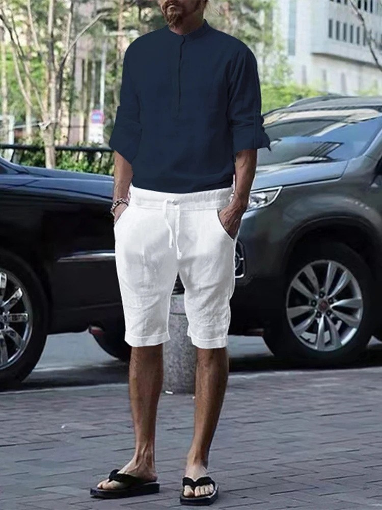 

Hawaiian Streetwear Set Cotton Linen Shirts+Tops 2 Pieces Sets Stand Collar Long Sleeve Buttoned Tops T-shirts+Loose Shorts Suit