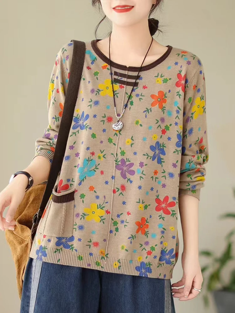 Женский хлопковый свитер с круглым вырезом цветочным принтом