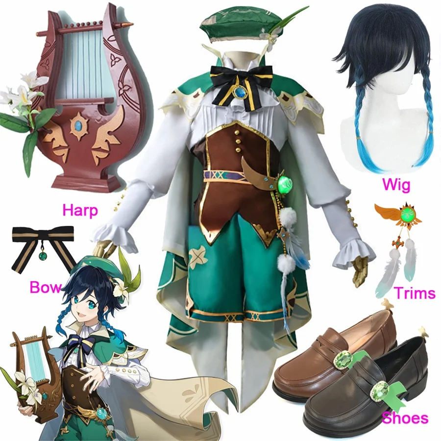

Genshin Impact Cosplay Venti Costume Halloween Anime Game Venti Cosplay Wig Shoes Harp Prop Outfit Full Set Women XS-XXL