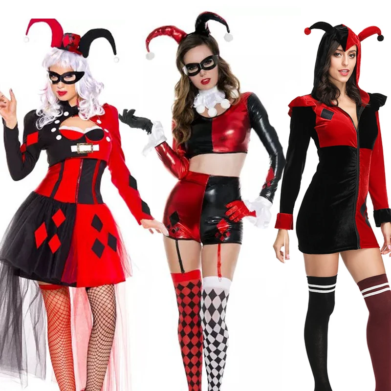 New Women's Joker Cosplay Costume Adult Circus Clown Quinn Dress Halloween Carnival Masquerade Party Puer Festival Outfits